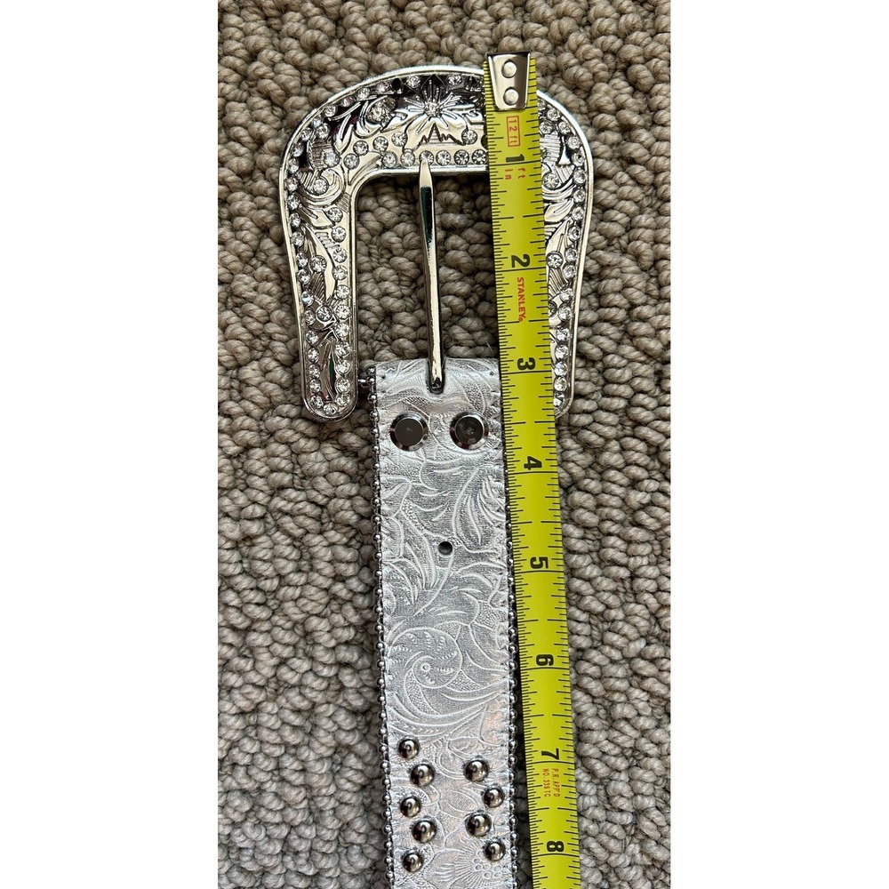 GUC Blazin Roxx Western Y2k Crystal Studded Embossed Silver Leather Belt - Picture 7 of 10